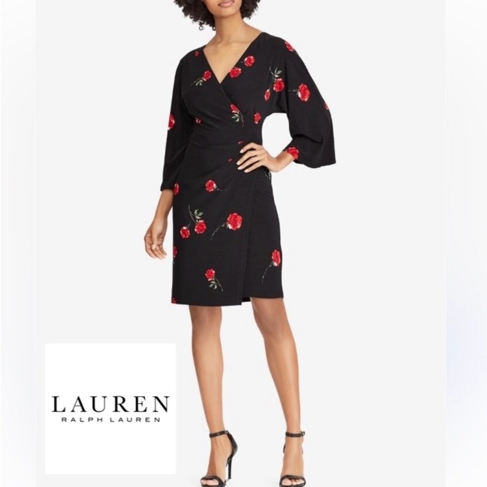 Ralph Lauren Black Long Sleeve Wrap Dress with Red Floral Embroidery